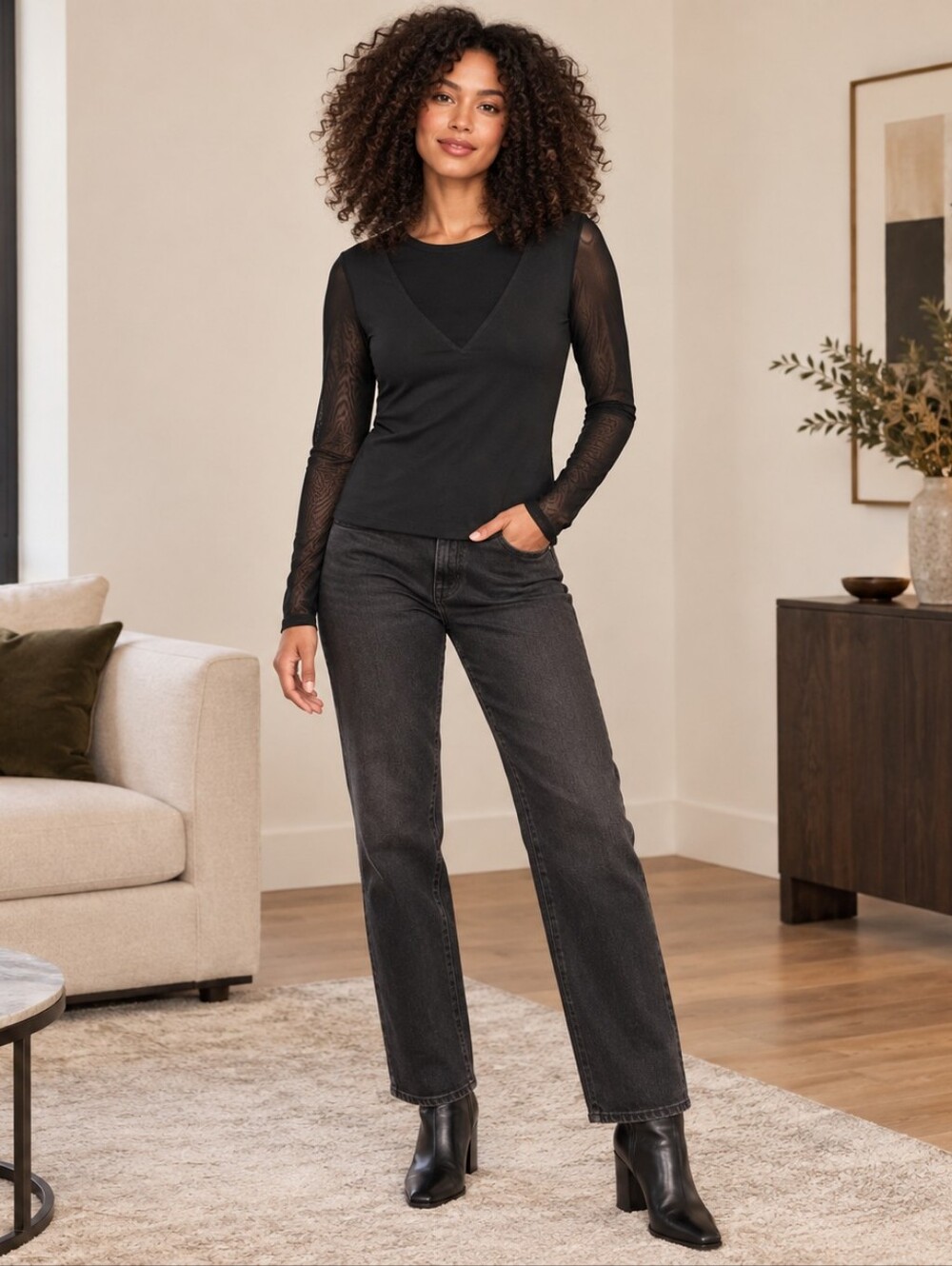 Sperash Black Sheer Sleeve V-Neck Top XS